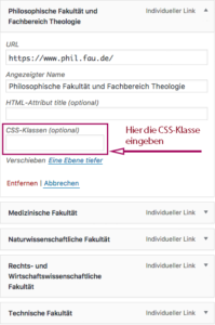Screenshot, der zeigt, wo die CSS-Klasse für den individuellen Link angegeben werden muss